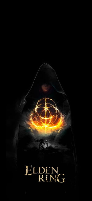 Elden Ring Hooded Figure with Glowing Golden Rune Symbol on Black Background HD phone wallpaper