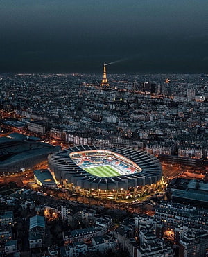 Aerial Night View of Stade de France and Eiffel Tower in Paris HD phone wallpaper