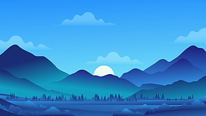 Minimalist Blue Mountain Landscape with Setting Sun and Pine Forest HD wallpaper