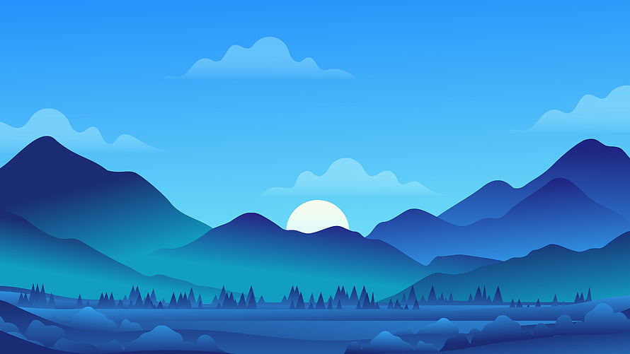 Minimalist Blue Mountain Landscape with Setting Sun and Pine Forest HD wallpaper