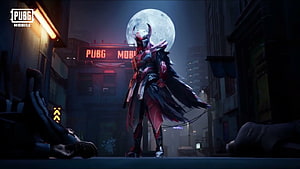 PUBG Mobile Character in Red Armor Standing Under Full Moon in Dark City HD wallpaper