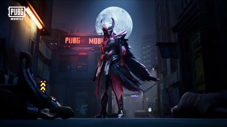 PUBG Mobile Character in Red Armor Standing Under Full Moon in Dark City HD wallpaper