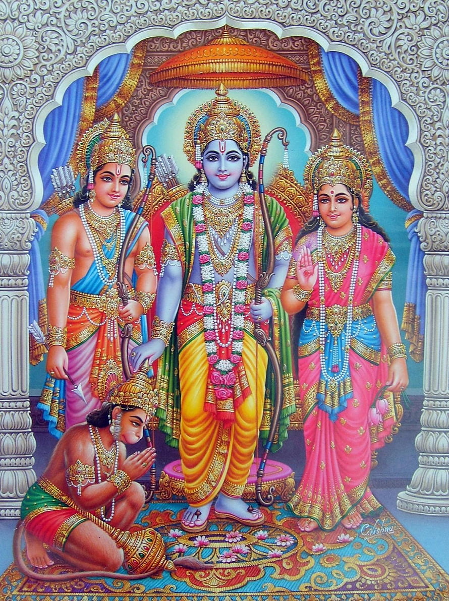 Lord Rama, Sita, Lakshmana, and Hanuman in traditional Indian mythology art, Rama Sita Lakshmana Hanuman Ram Darbar. Fans Share HD phone wallpaper