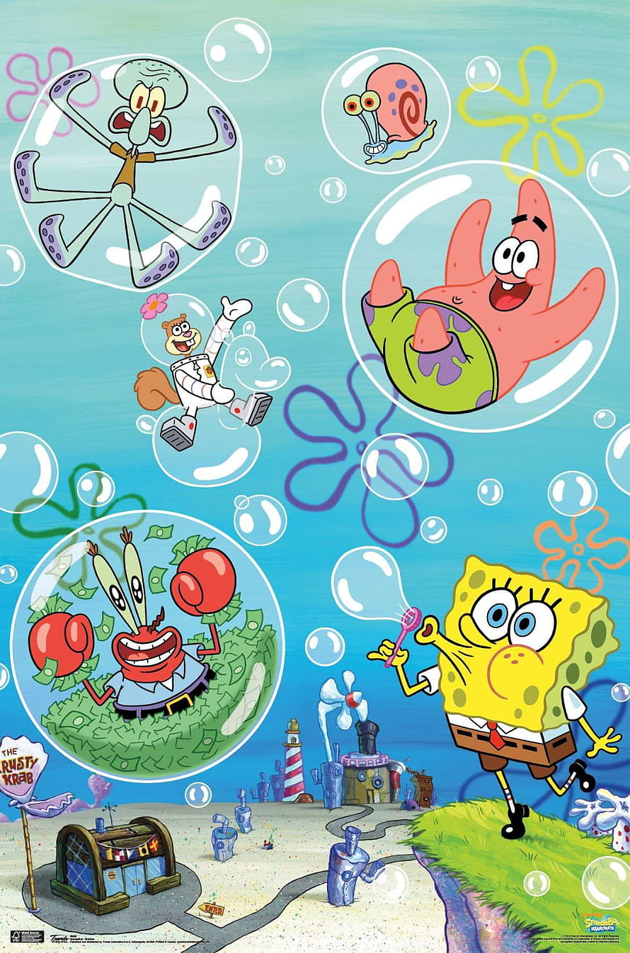 SpongeBob SquarePants characters blowing bubbles in Bikini Bottom with Patrick, Squidward, and Mr. Krabs HD phone wallpaper