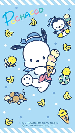 Pochacco and Sanrio Friends Enjoying Ice Cream on a Light Blue Background HD phone wallpaper