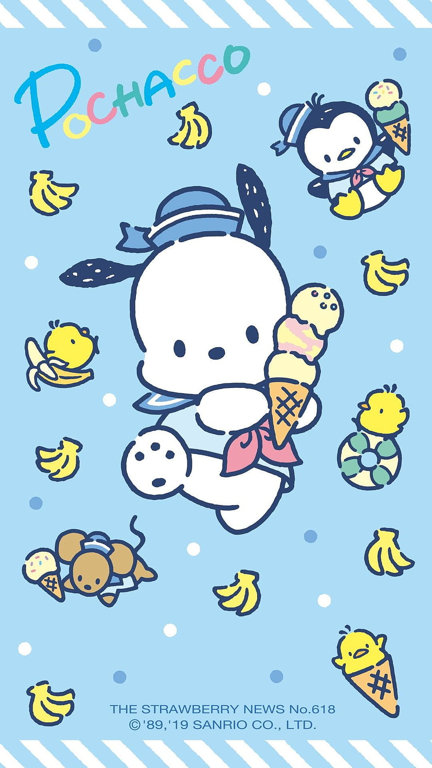 Pochacco and Sanrio Friends Enjoying Ice Cream on a Light Blue Background HD phone wallpaper