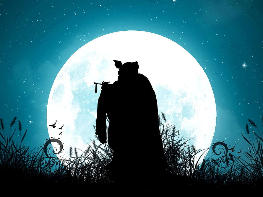 Silhouette of a cloaked figure with a staff standing in tall grass before a giant full moon in a starry night sky HD wallpaper