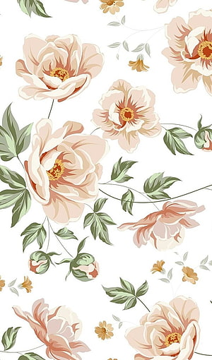 Vintage Peach Peony Floral Pattern Wallpaper with Green Leaves HD phone wallpaper