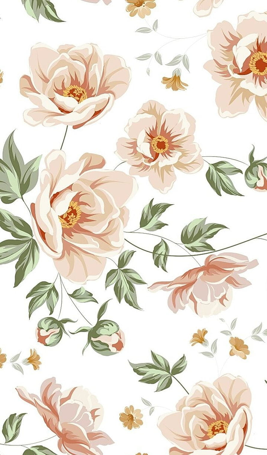 Vintage Peach Peony Floral Pattern Wallpaper with Green Leaves HD phone wallpaper
