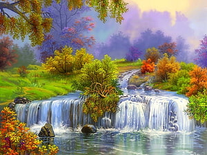 Vibrant Autumn Waterfall Landscape Painting With Colorful Forest Foliage And Misty Background HD wallpaper
