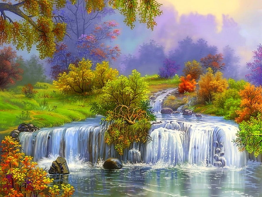 Vibrant Autumn Waterfall Landscape Painting With Colorful Forest Foliage And Misty Background HD wallpaper