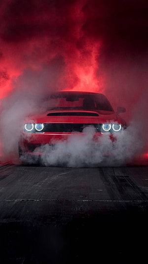 Red Dodge Challenger SRT Hellcat in Smoke with Red Lighting HD phone wallpaper