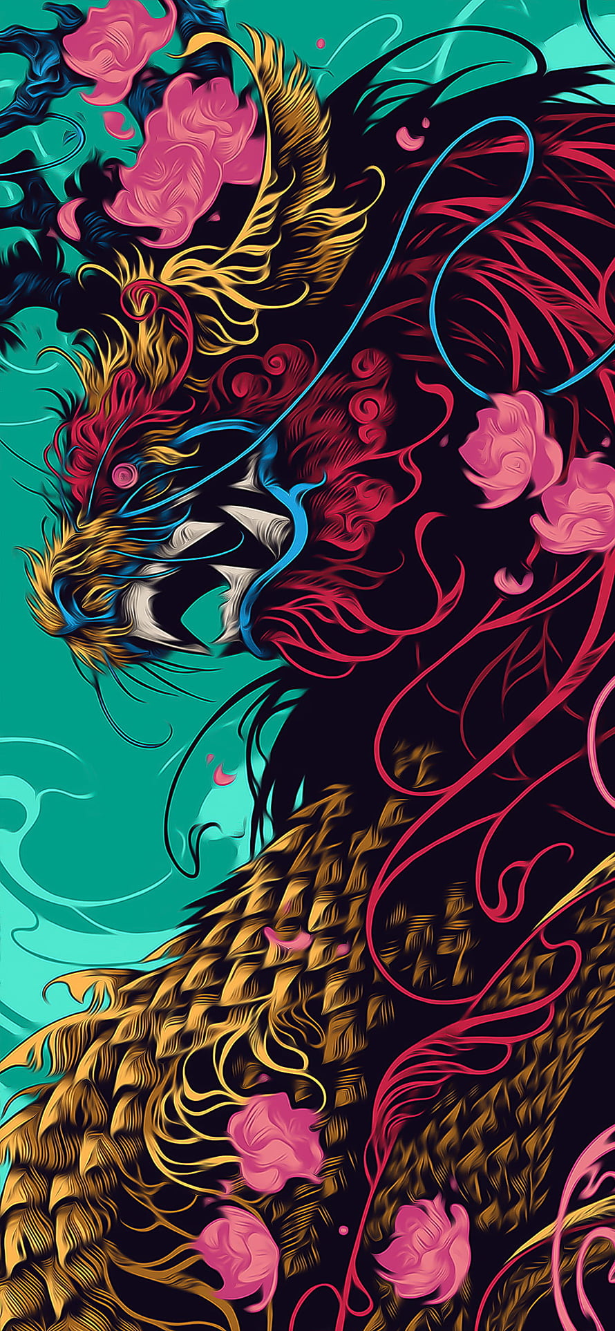Vibrant Japanese Dragon Illustration with Pink Flowers and Teal Background HD phone wallpaper
