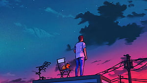 Lofi Boy and Cat on Rooftop Under a Vibrant Sunset Sky HD wallpaper