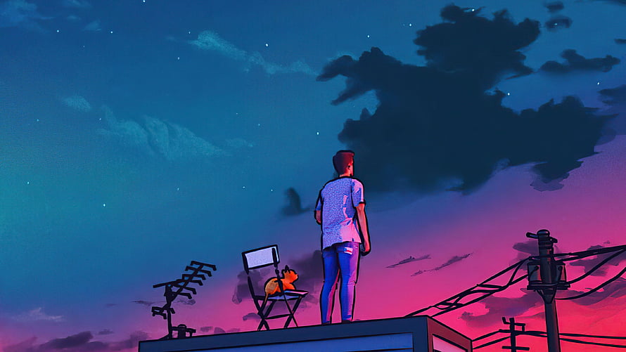 Lofi Boy and Cat on Rooftop Under a Vibrant Sunset Sky HD wallpaper