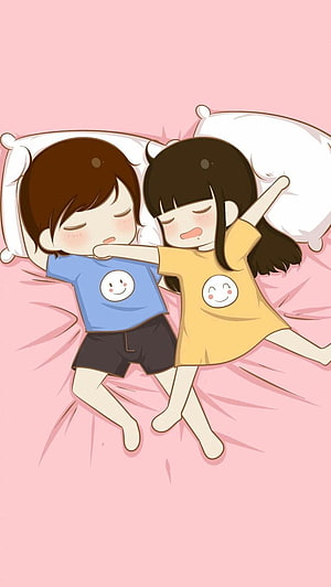 Cute cartoon couple sleeping peacefully in bed wearing matching smiley face pajamas on pink sheets HD phone wallpaper