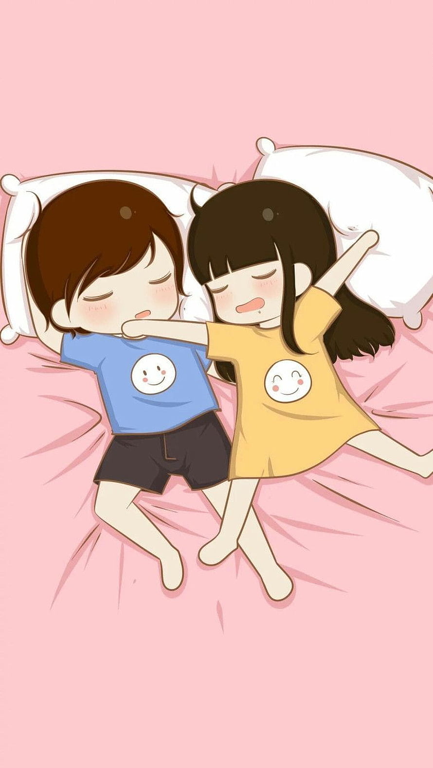 Cute cartoon couple sleeping peacefully in bed wearing matching smiley face pajamas on pink sheets HD phone wallpaper