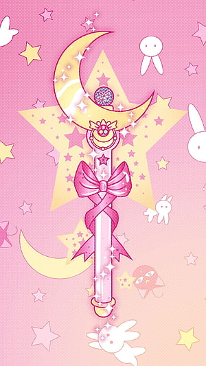 Sailor Moon Pink Moon Wand with Star and Crescent Moon on Pastel Pink Background HD phone wallpaper