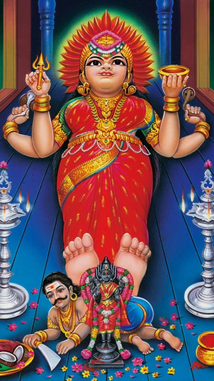 Masani Amman Hindu Deity Illustration with Oil Lamps and Ritual Offerings, Masani Amman, God HD phone wallpaper