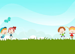 Cute Cartoon Children Playing in Green Grass with Blue Sky and Butterfly HD wallpaper