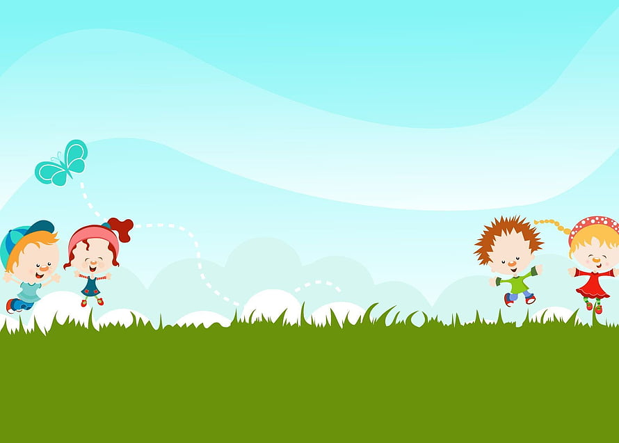 Cute Cartoon Children Playing in Green Grass with Blue Sky and Butterfly HD wallpaper