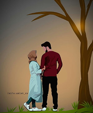 Romantic Couple Walking Under Tree at Sunset Digital Art, Instagram Islamic Couple Cartoon Dp, Anime Muslim Couple HD phone wallpaper