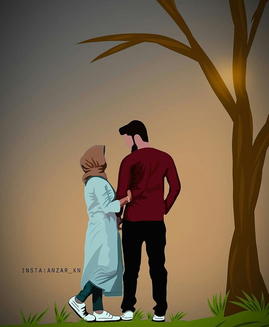 Romantic Couple Walking Under Tree at Sunset Digital Art, Instagram Islamic Couple Cartoon Dp, Anime Muslim Couple HD phone wallpaper