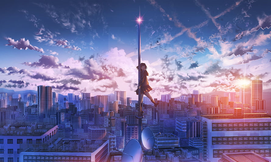 Anime Girl Climbing Antenna Tower Over City Skyline at Sunset HD wallpaper