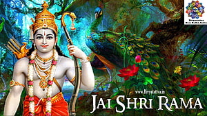 Lord Rama with bow and arrow beside a peacock in a lush forest setting HD wallpaper