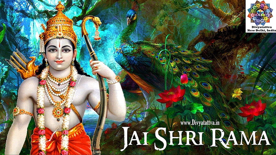 Lord Rama with bow and arrow beside a peacock in a lush forest setting HD wallpaper