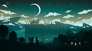 Magical Night Landscape With Castle On Cliff And Crescent Moon HD wallpaper
