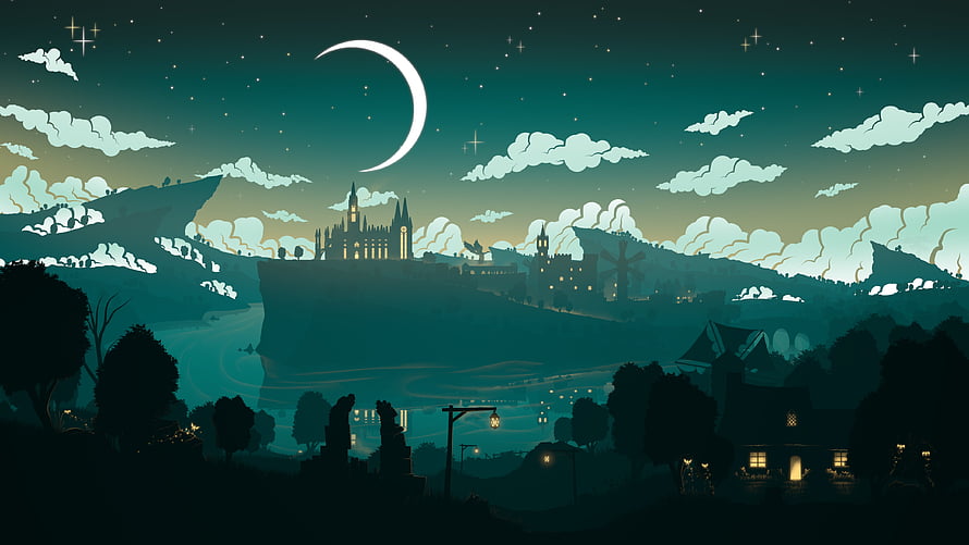 Magical Night Landscape With Castle On Cliff And Crescent Moon HD wallpaper
