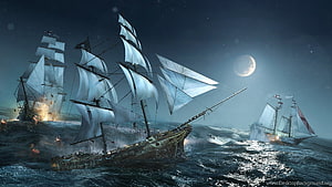 Pirates of the Caribbean Tall Ships Battling Stormy Seas Under a Full Moon HD wallpaper