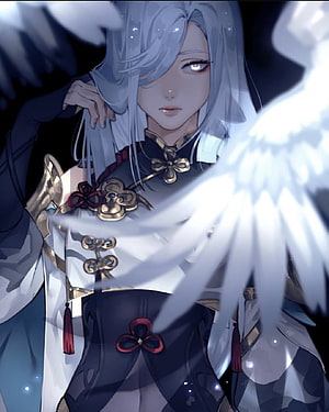 Shenhe from Genshin Impact in ornate dark attire with white feathered wings and silver hair HD phone wallpaper