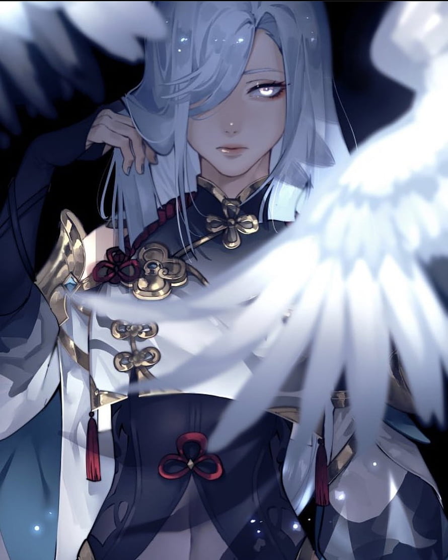 Shenhe from Genshin Impact in ornate dark attire with white feathered wings and silver hair HD phone wallpaper