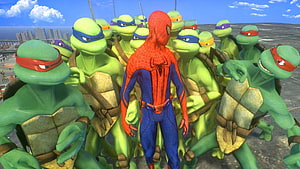 Spider-Man Surrounded By Teenage Mutant Ninja Turtles In 3D Video Game Scene, Spiderman vs Teenage Mutant Ninja Turtles ARMY, Epic TMNT HD wallpaper