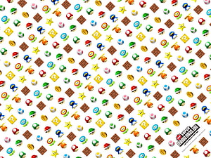 New Super Mario Bros. Wii Icon Pattern Wallpaper Featuring Mushrooms, Stars, and Blocks HD wallpaper
