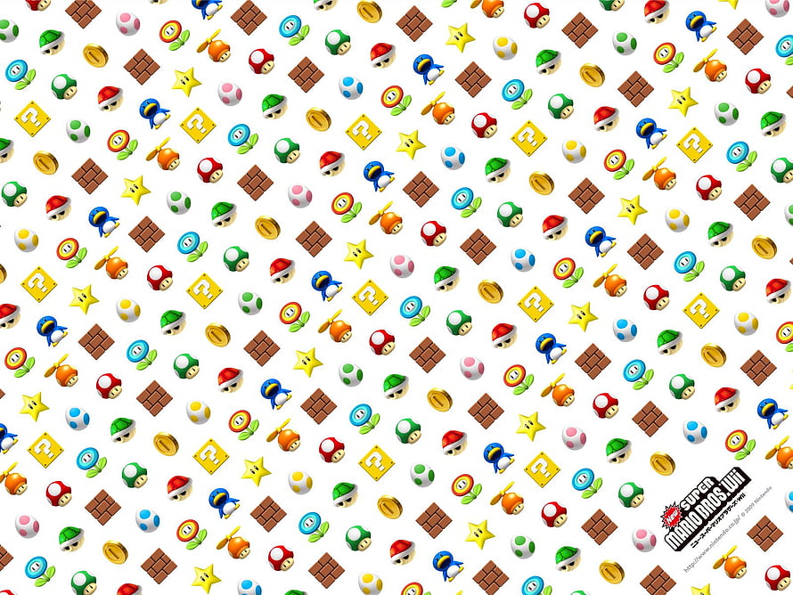 New Super Mario Bros. Wii Icon Pattern Wallpaper Featuring Mushrooms, Stars, and Blocks HD wallpaper