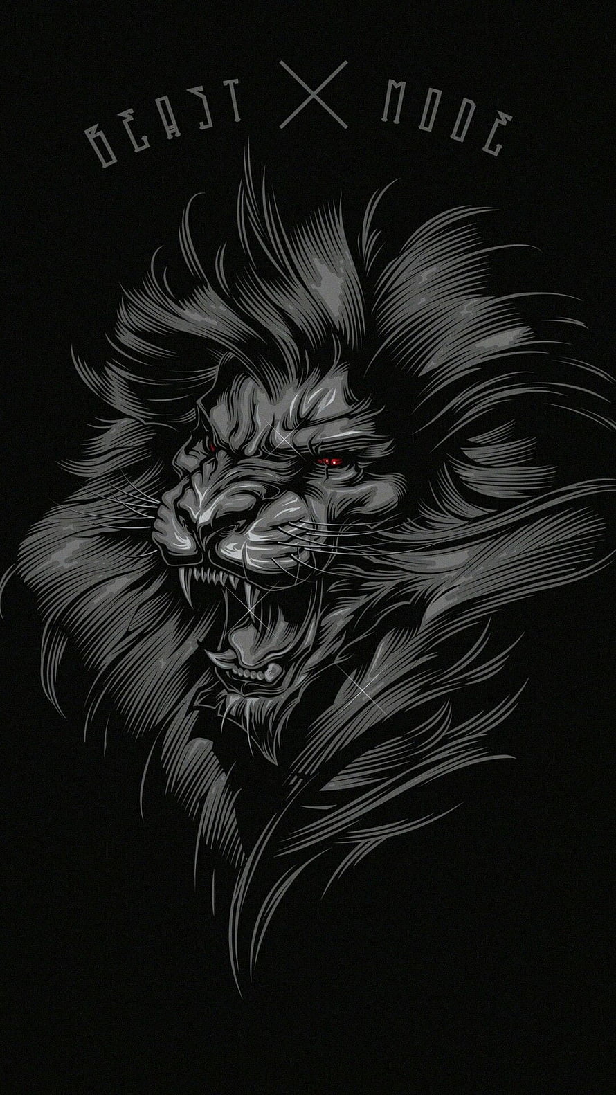 Fierce Roaring Lion Head Digital Art with Red Eyes and Tribal Style on Black Background HD phone wallpaper