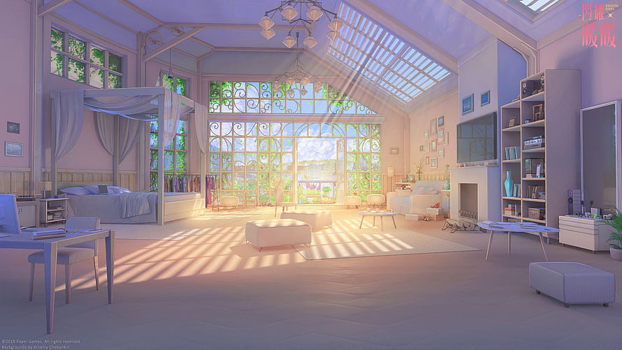 Sunlit Anime Bedroom Interior With Glass Atrium And Pastel Furniture HD wallpaper