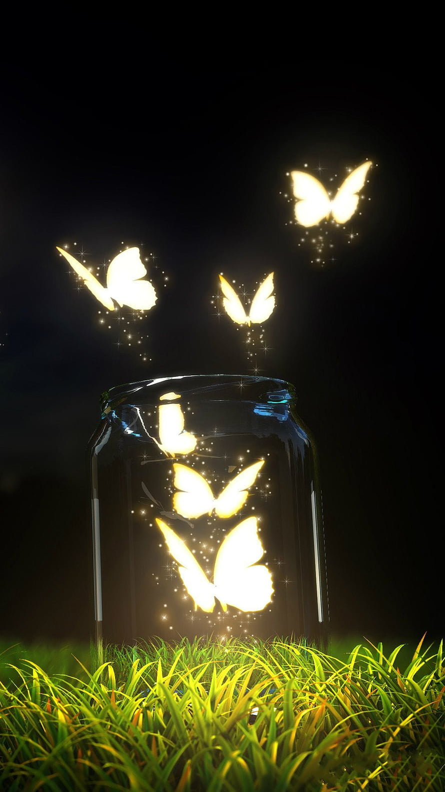Magical Glowing Butterflies Escaping a Glass Jar in Luminous Grass HD phone wallpaper