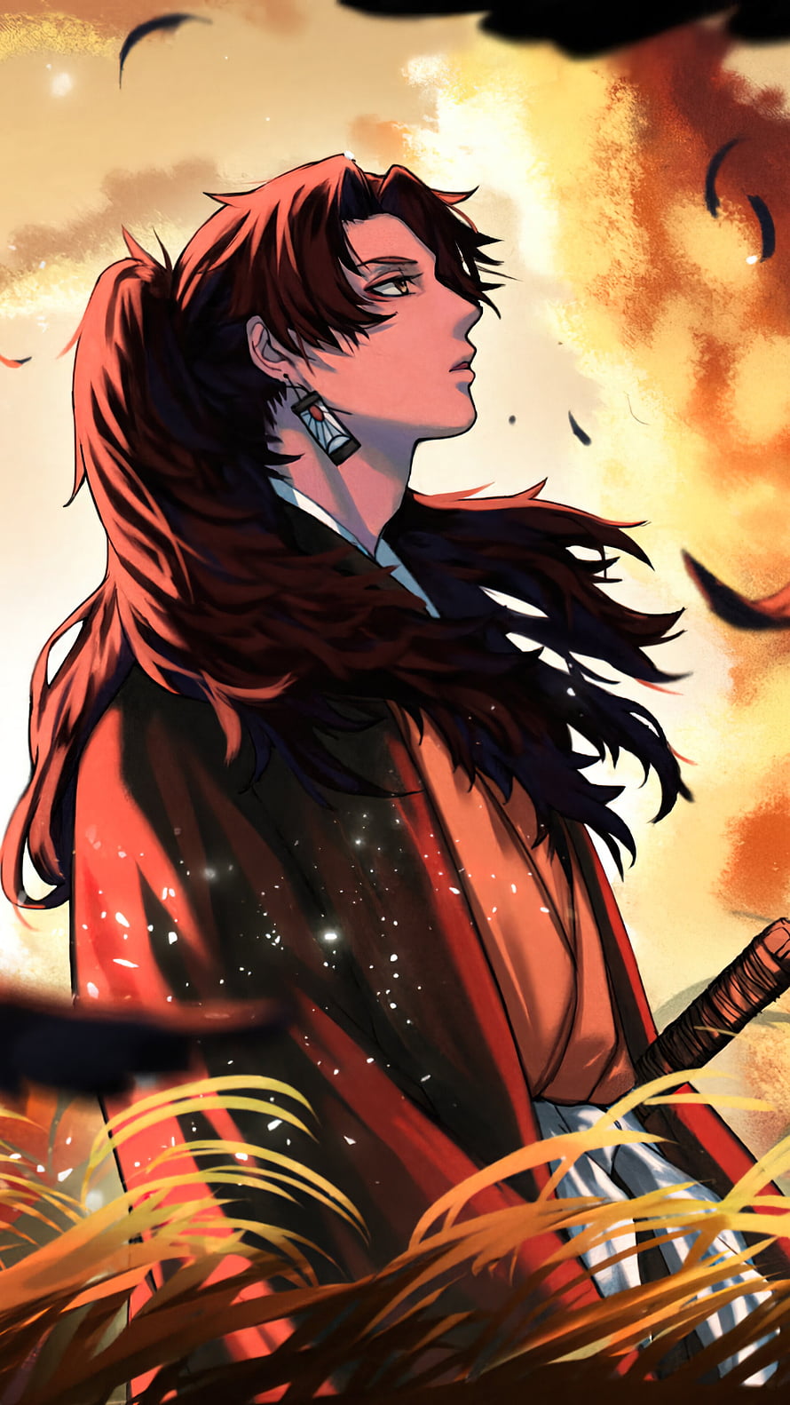 Yoriichi Tsugikuni from Demon Slayer in a dramatic sunset field with sword HD phone wallpaper