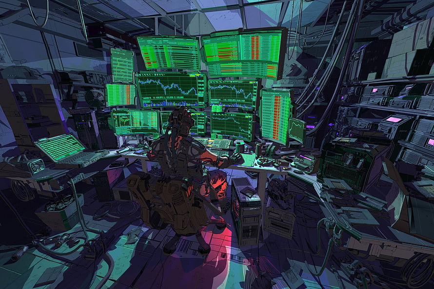 Cyberpunk Hacker at Multi-Monitor Trading Station in Neon-Lit Server Room HD wallpaper
