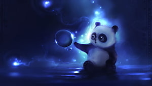 Magical Baby Panda Reaching for Glowing Blue Orb in Dark Fantasy Art HD wallpaper