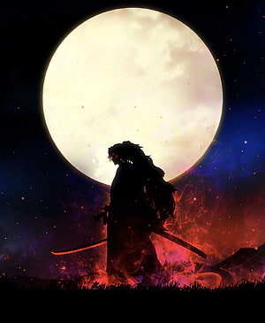 Silhouette of a samurai warrior standing with a katana against a giant full moon and fiery cosmic background HD phone wallpaper