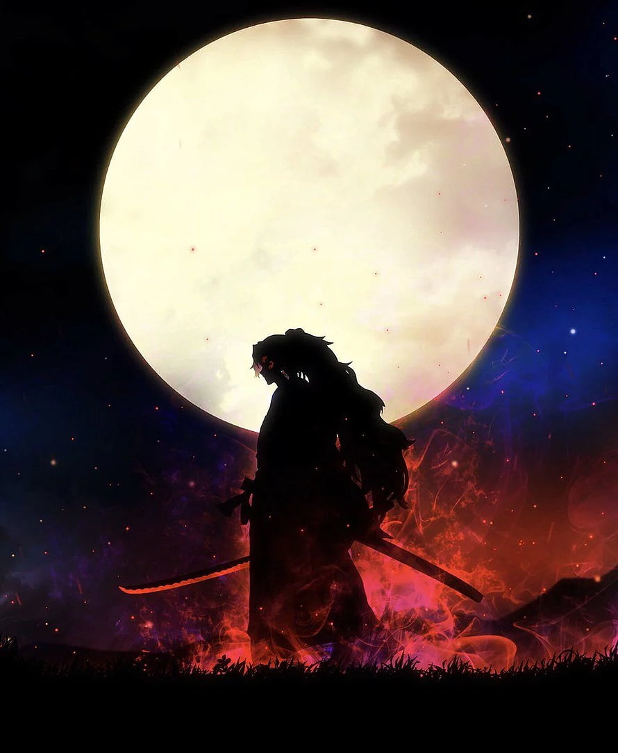 Silhouette of a samurai warrior standing with a katana against a giant full moon and fiery cosmic background HD phone wallpaper