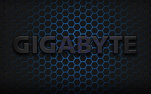 Gigabyte Logo on Dark Hexagonal Grid with Blue Neon Accents HD wallpaper
