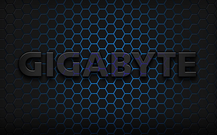 Gigabyte Logo on Dark Hexagonal Grid with Blue Neon Accents HD wallpaper
