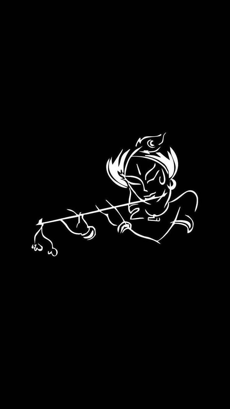 Minimalist White Line Art of a Character Playing a Flute on Black Background HD phone wallpaper