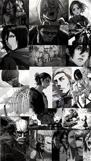 Attack on Titan Black and White Manga Character Collage Featuring Levi, Eren, Mikasa, and Titans HD phone wallpaper